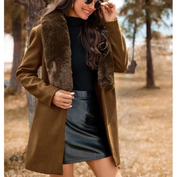 Boho Brown Faux fur trimmed neckline belted overcoat jacket - Picture 2 of 6